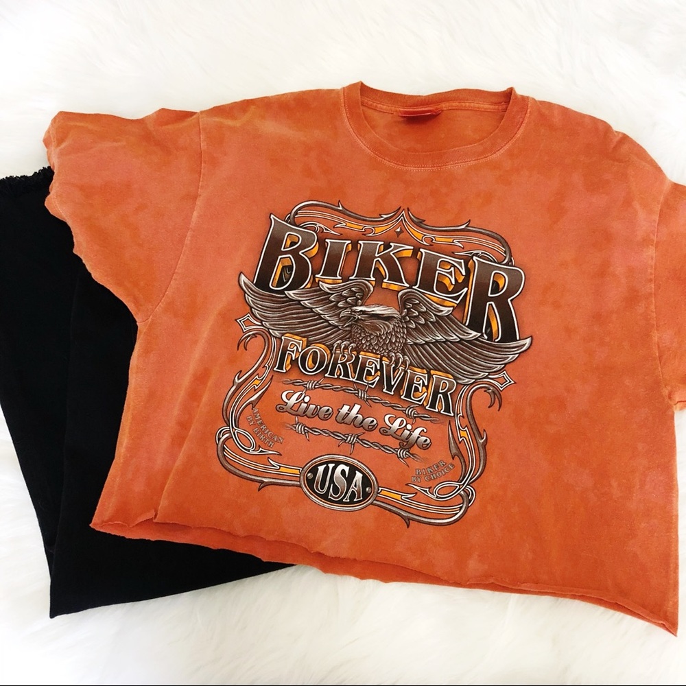 Custom cropped and faded biker graphic tee large